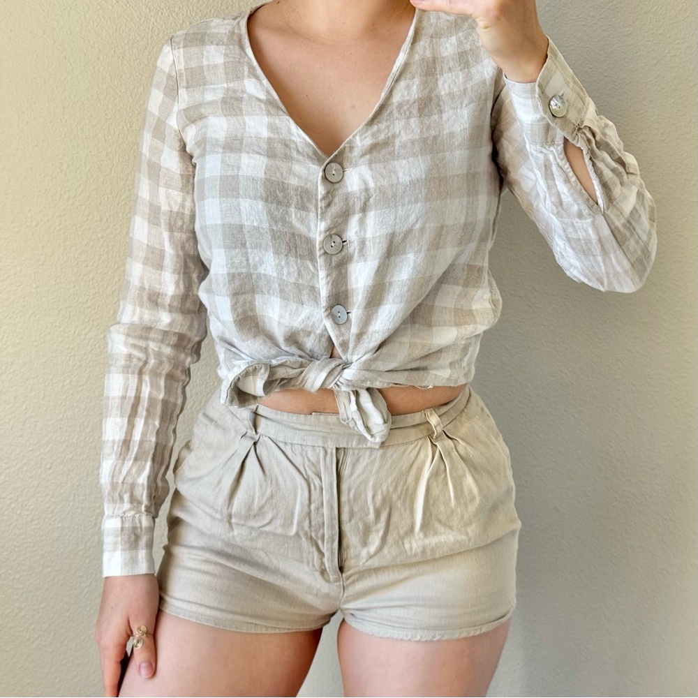 Mng 100% Linen Blouse Check Gingham